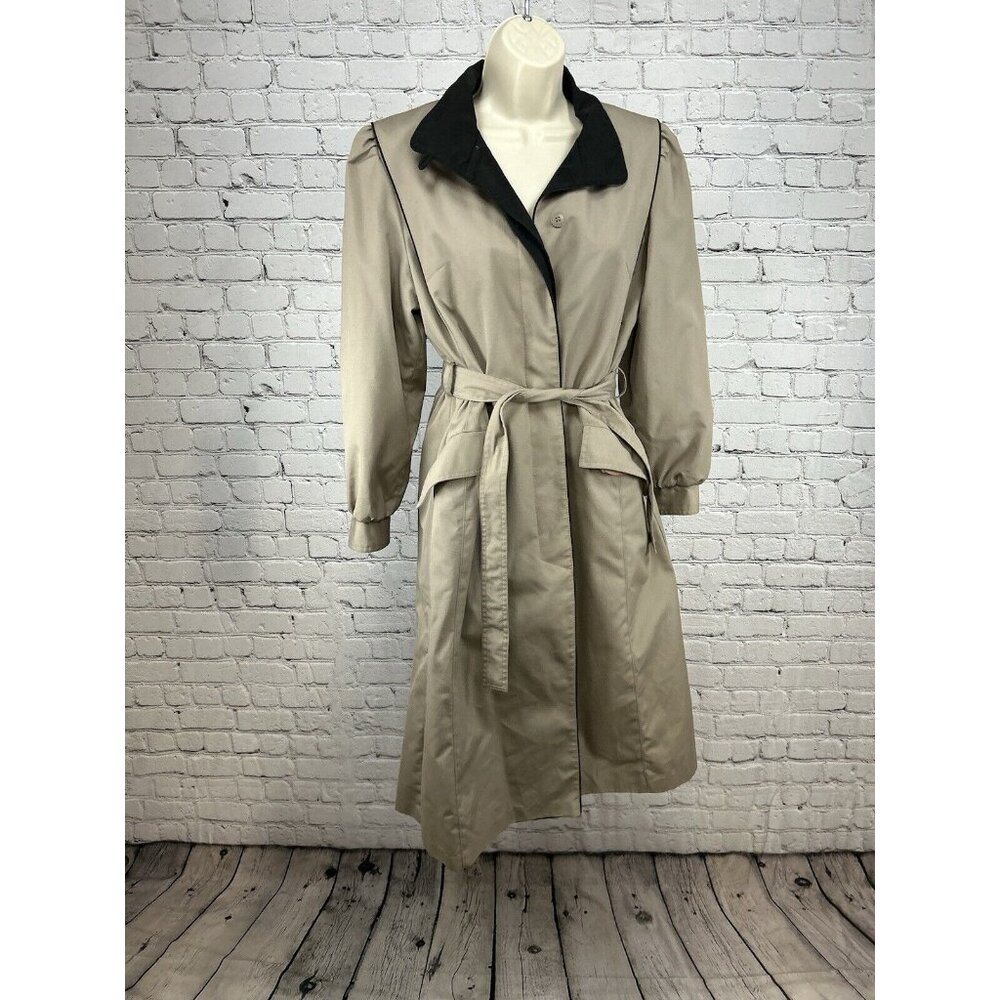 VTG Foxland By Lanson Beige Zip Out Liner Collared Women’s Long Trench Coat 12